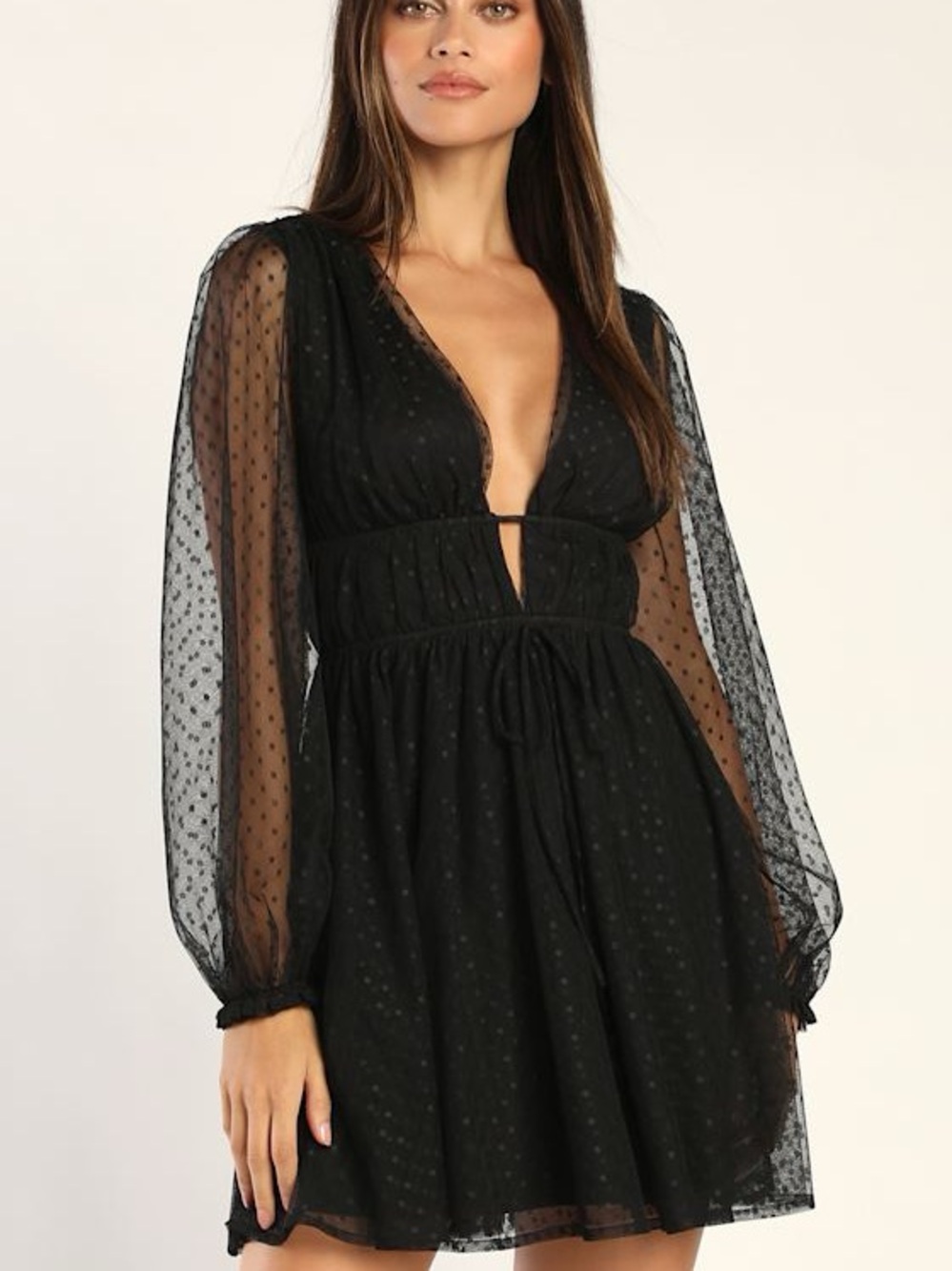 Lulus Sweet Twist Black Swiss Dot Tulle Long Sleeve Mini Dress Size Medium